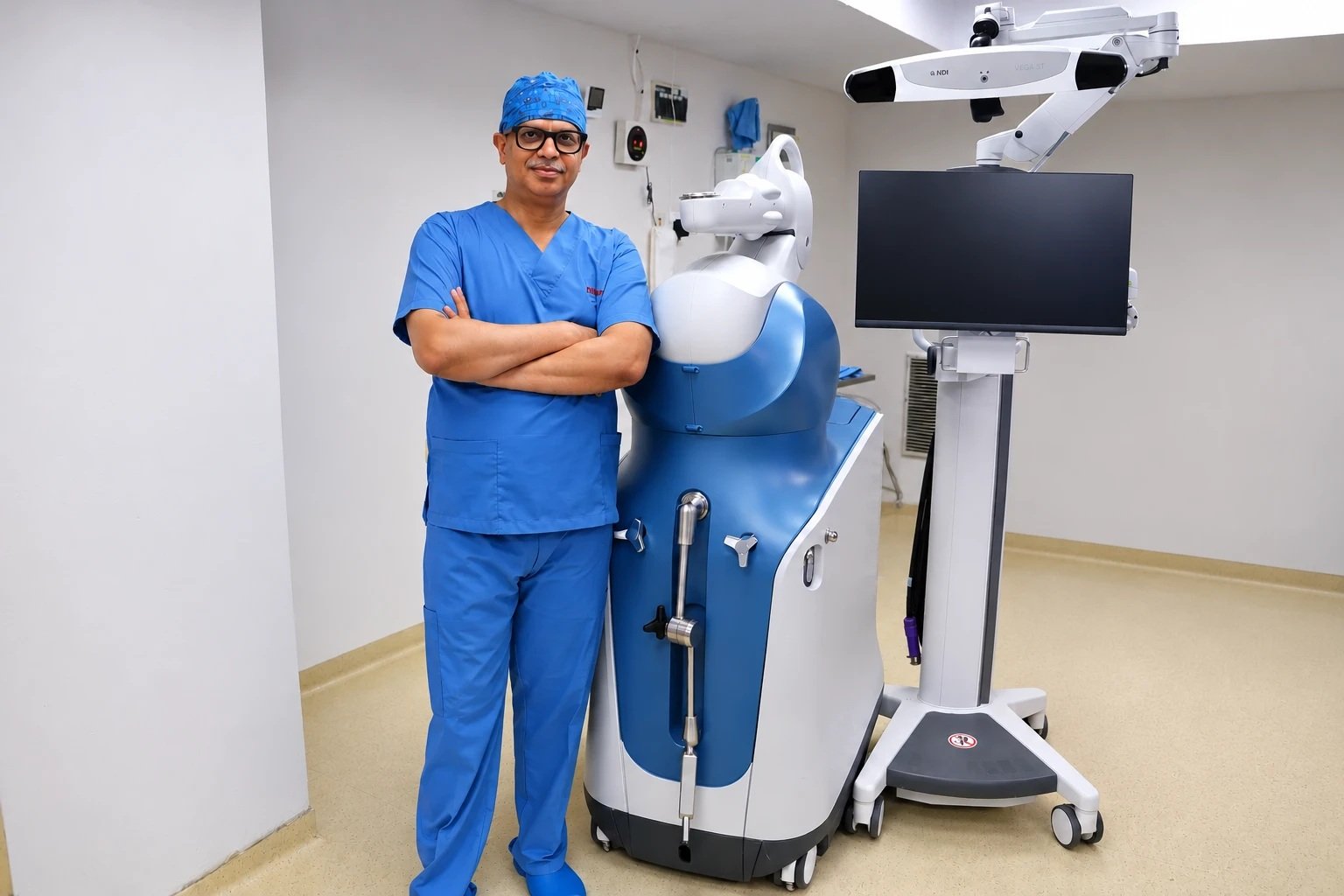 Dr. Dhananjay Gupta with a robotic-arm system for joint replacement at Fortis Hospital